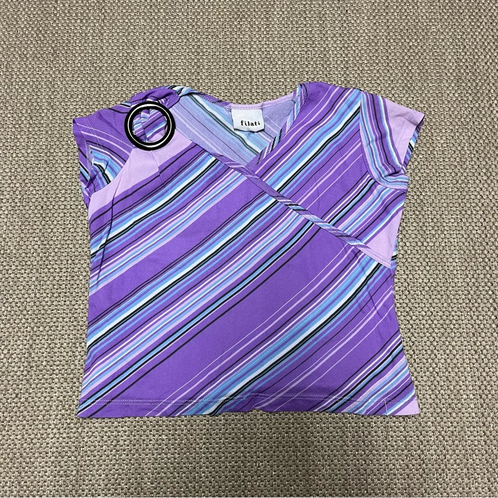 Filati Y2k Purple and Blue Diagonal Striped Girl’s Blouse with Buckle Tie Design